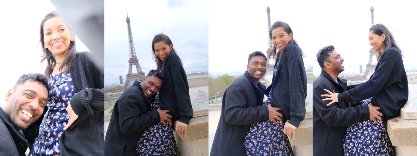 Montage of a couple at the Trocadero Gardens, with the Eiffel tower in the background