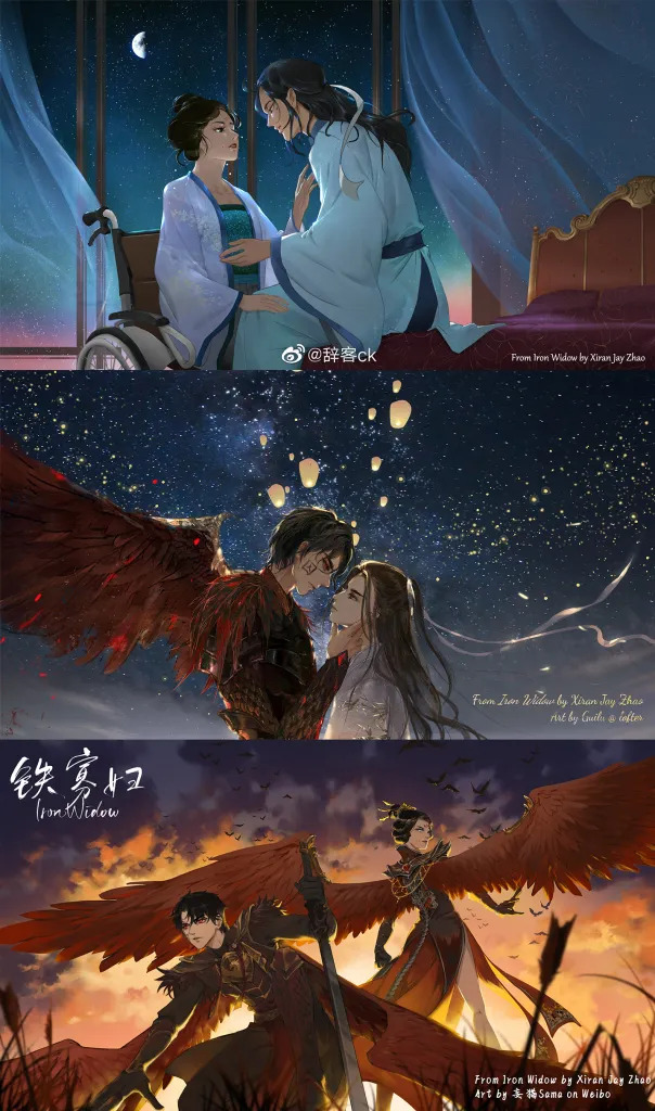 art of various scenes between a young chinese couple. the art is all fantasy. with vibrant colours. top one shows a heartfelt conversation. middle one is a lovey dovey one. third one is them standing ready for battle in action poses