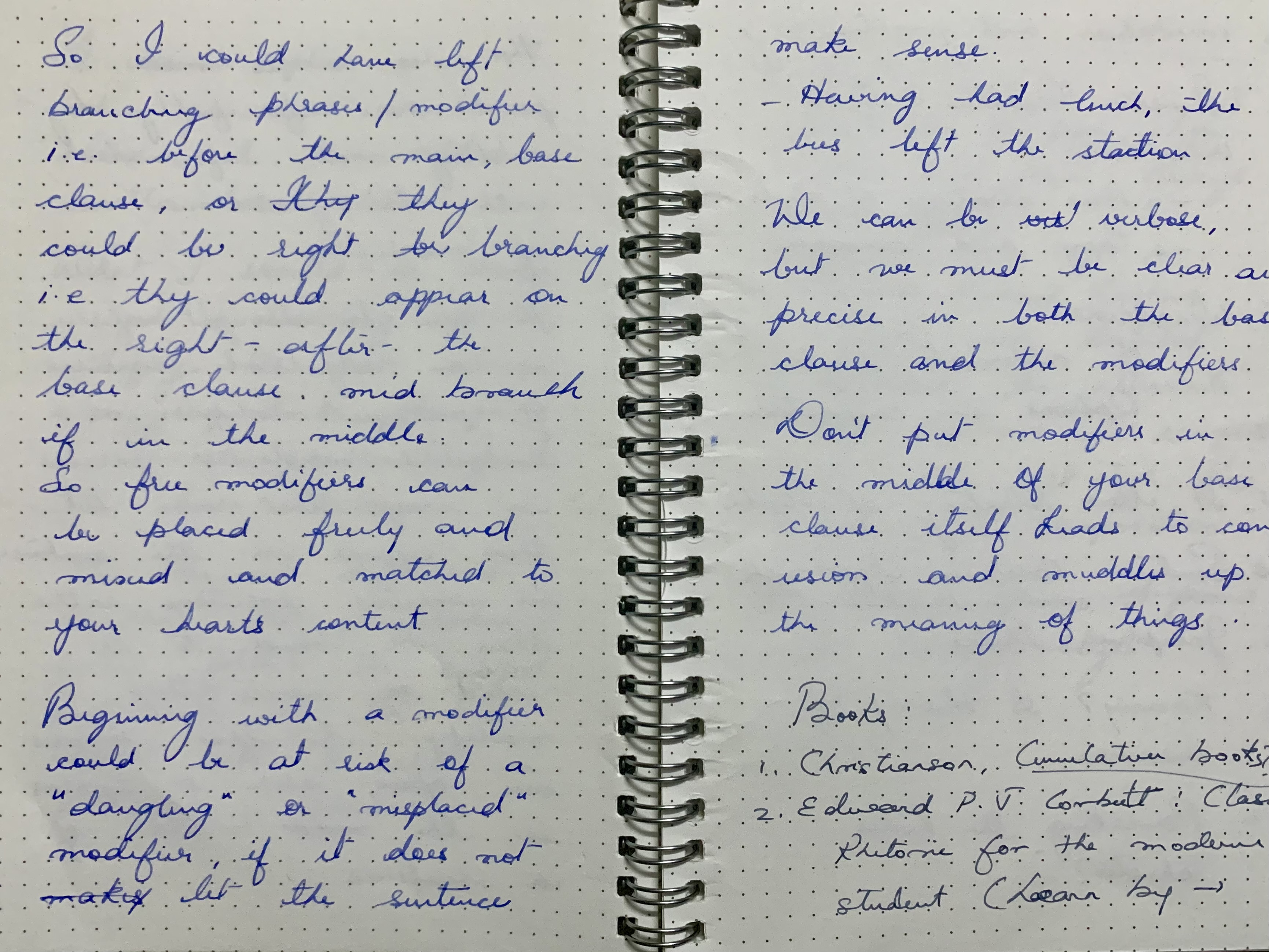 Photo of my dirty scribbles, attempting to make notes from a book titled, Building Great Sentences